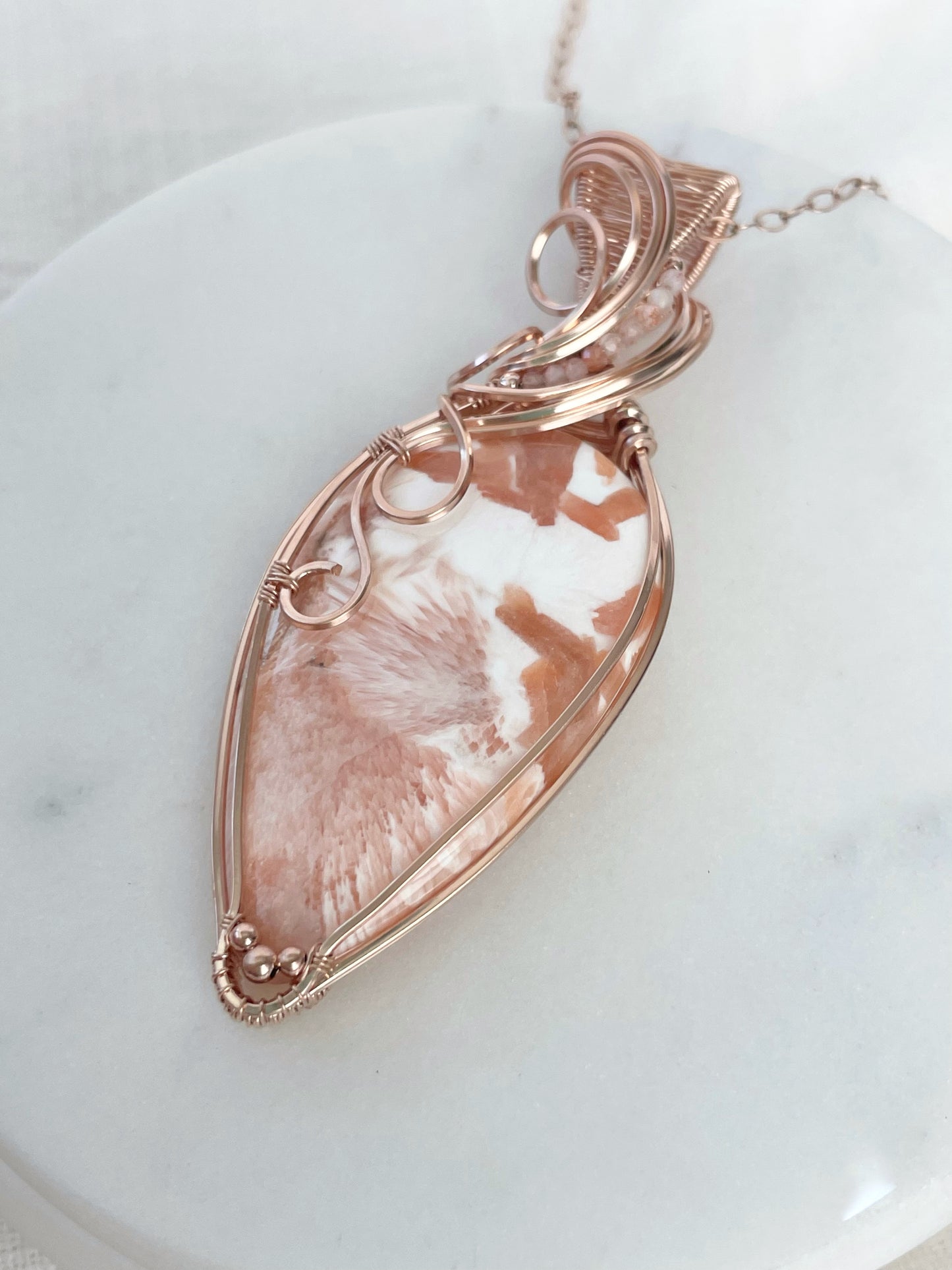 Pink/Peach Scolecite & Sunstone Necklace in 14k Rose Gold Filled