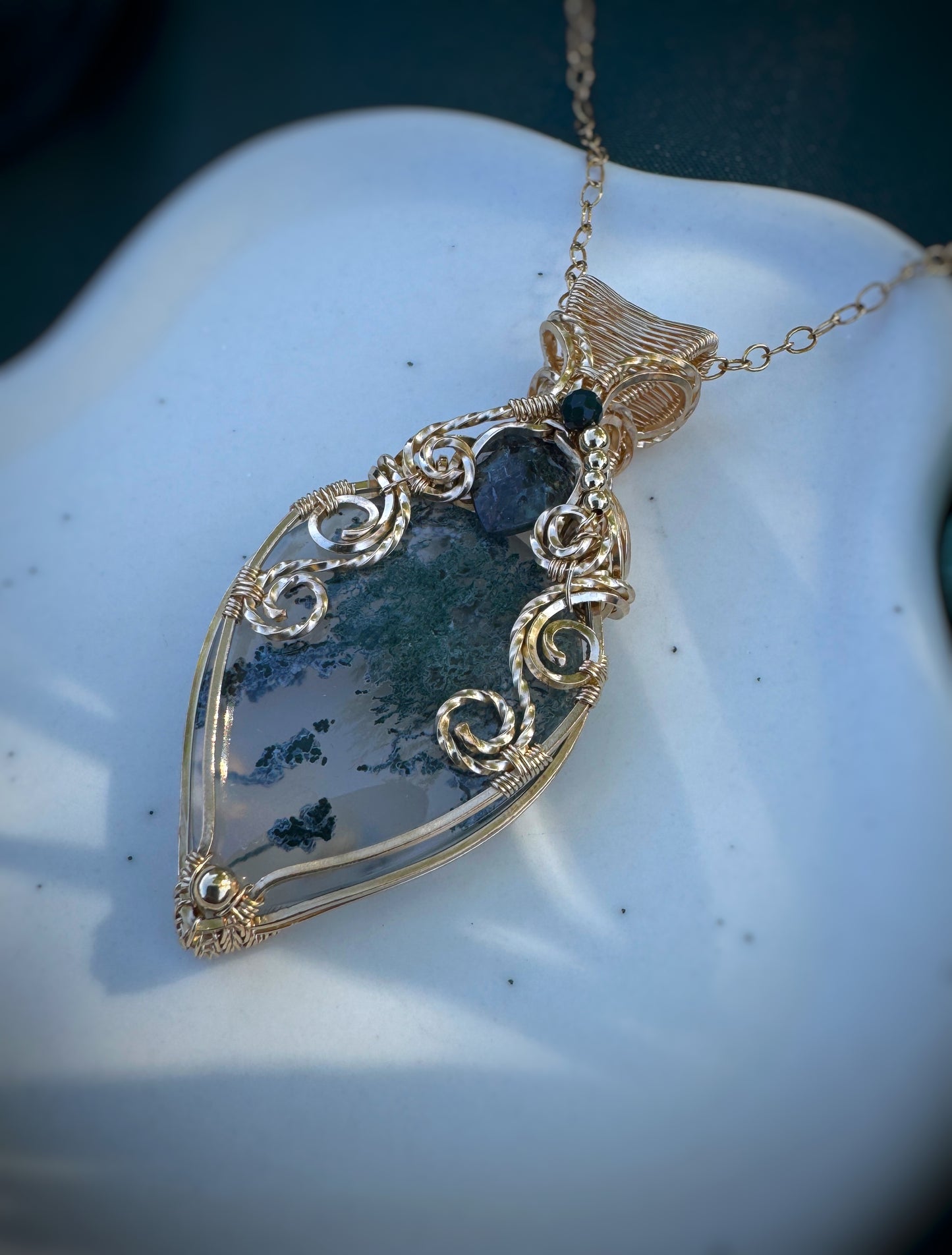 Moss Agate, Teal Moss Kyanite & Bloodstone Necklace in 14k Gold Filled