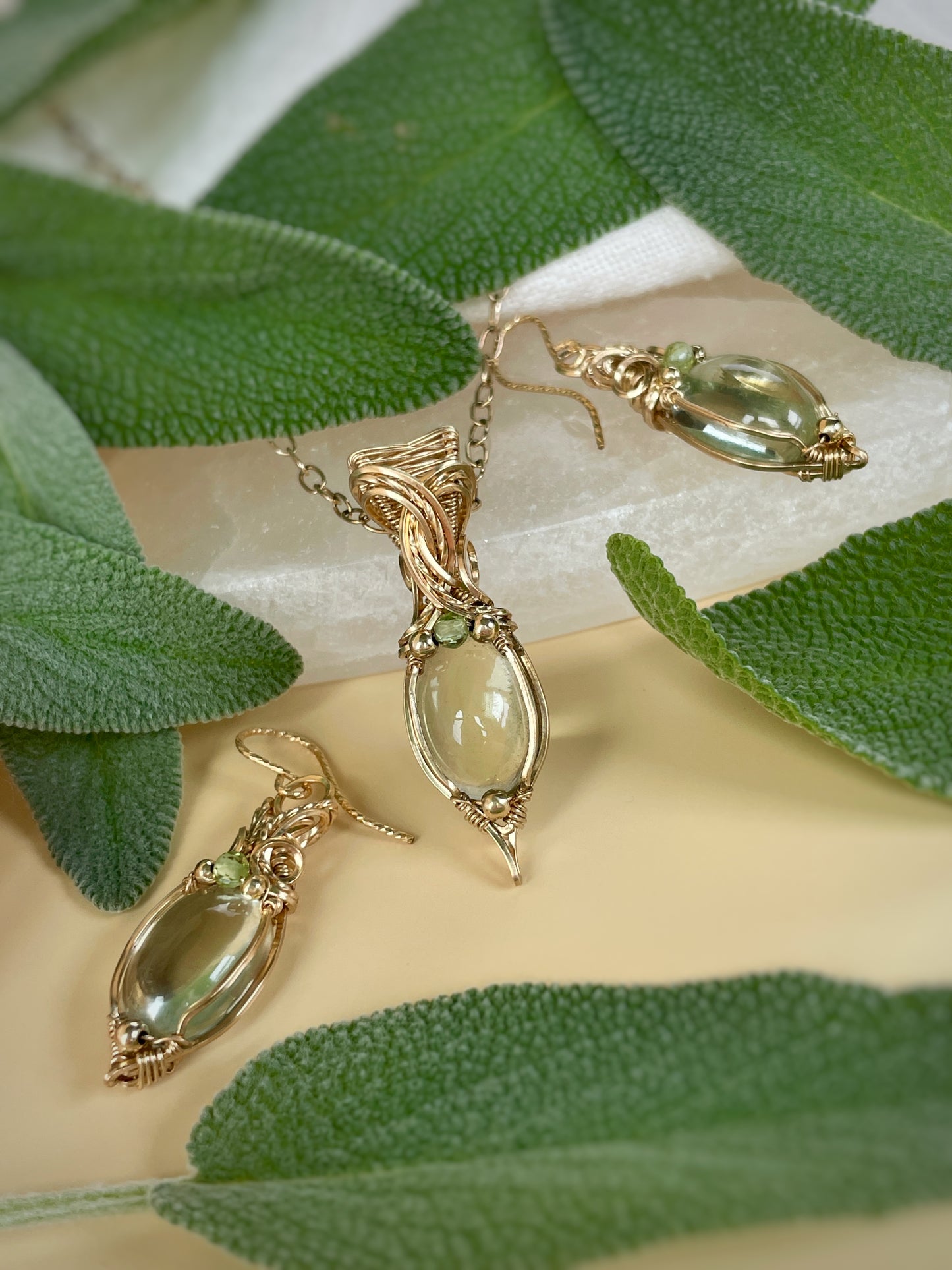 Prasiolite & Peridot Set (Necklace + Earrings) in 14k Gold Filled