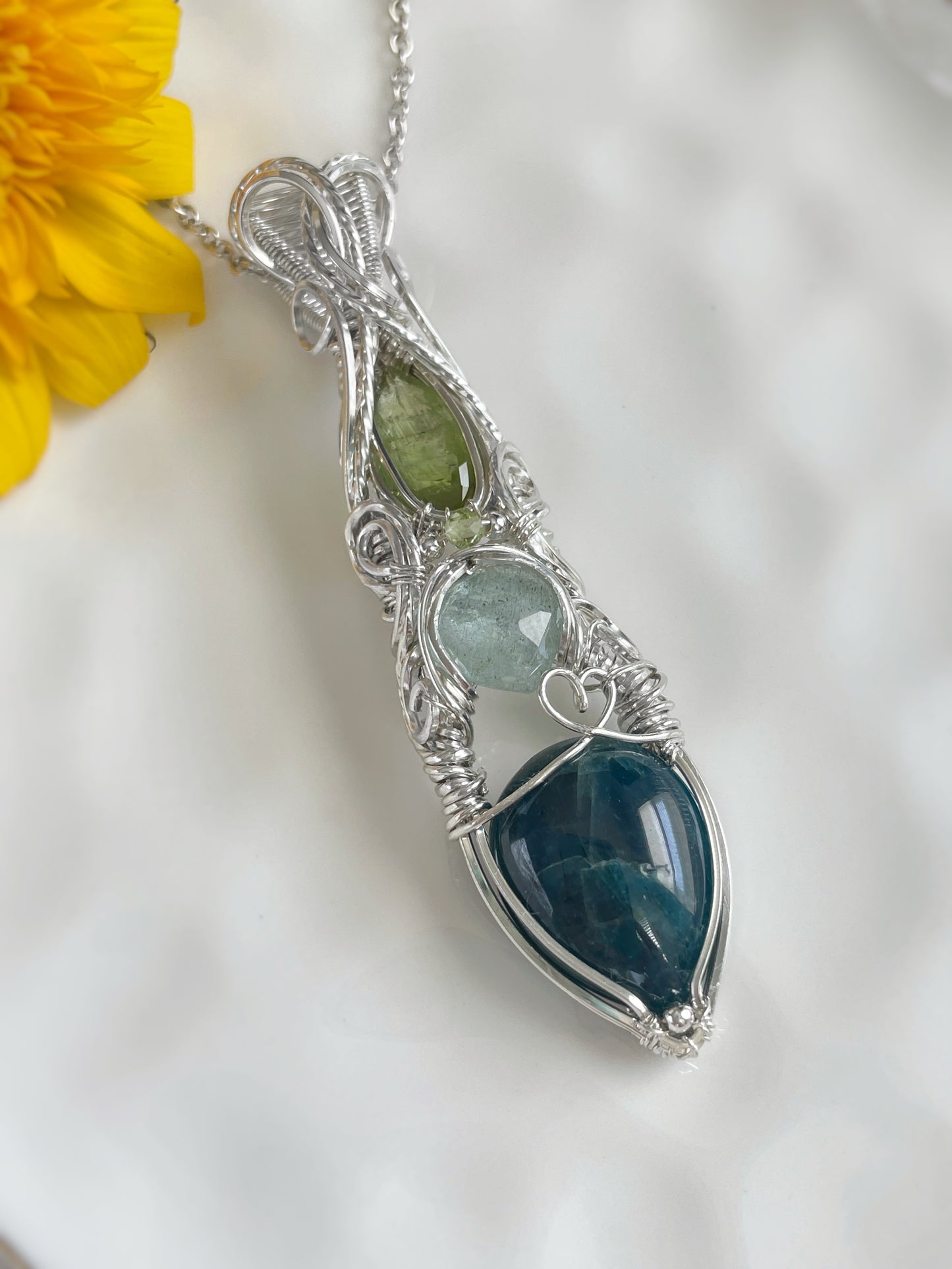 Blue Apatite, Aquamarine, Green Tourmaline & Peridot Necklace in 0.925 Sterling Silver