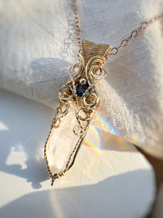 Lemurian Quartz, Teal Kyanite 14k Gold Filled Necklace