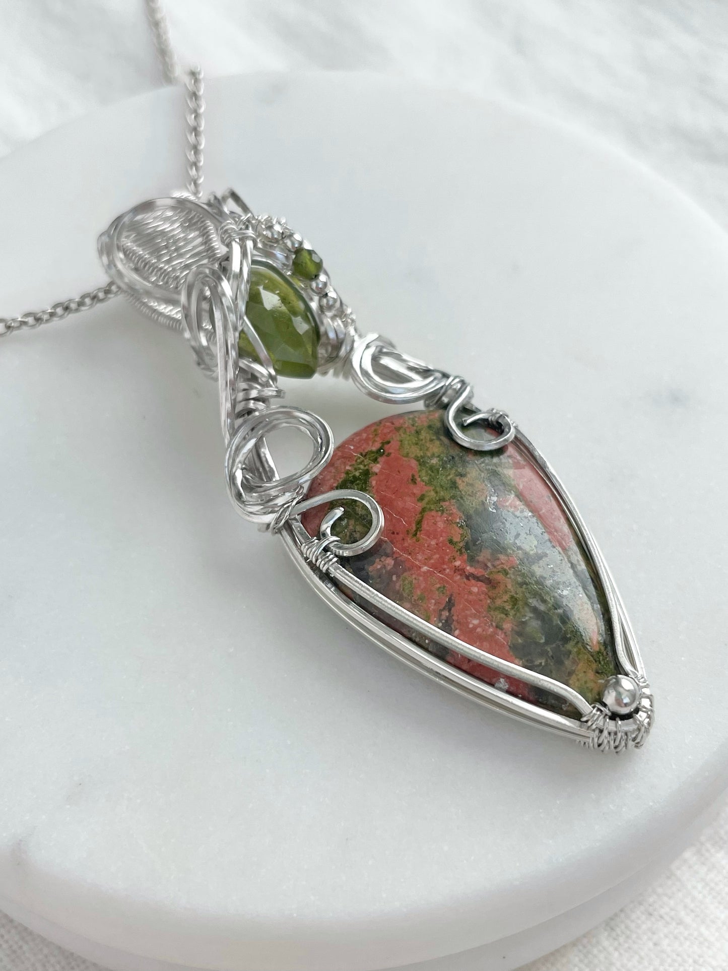 Unakite Jasper, Vesuvianite & Green Tourmaline Necklace in Argentium Silver