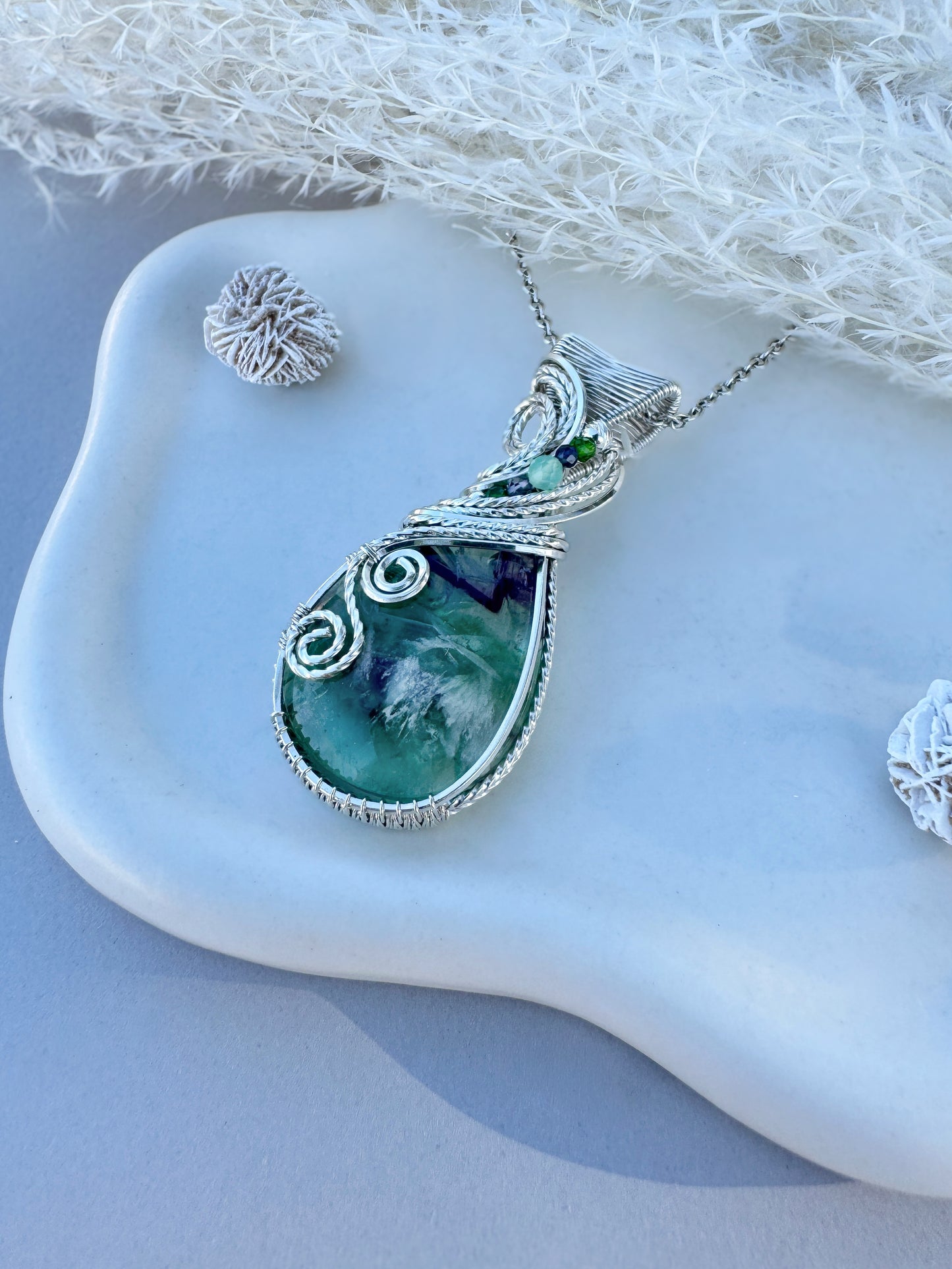 Fluorite, Chrome Diopside, Iolite & Chrysoprase 0.925 Sterling Silver Necklace