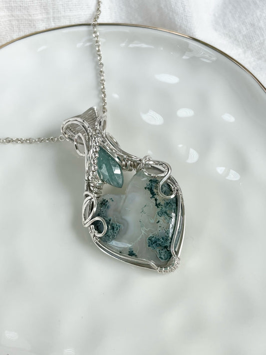Moss Agate Heart & Aqua Kyanite Necklace in 0.925 Sterling Silver