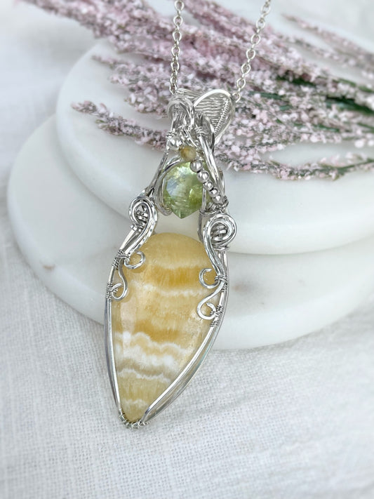Yellow Calcite, Green Beryl & Citrine Necklace in 0.925 Sterling Silver