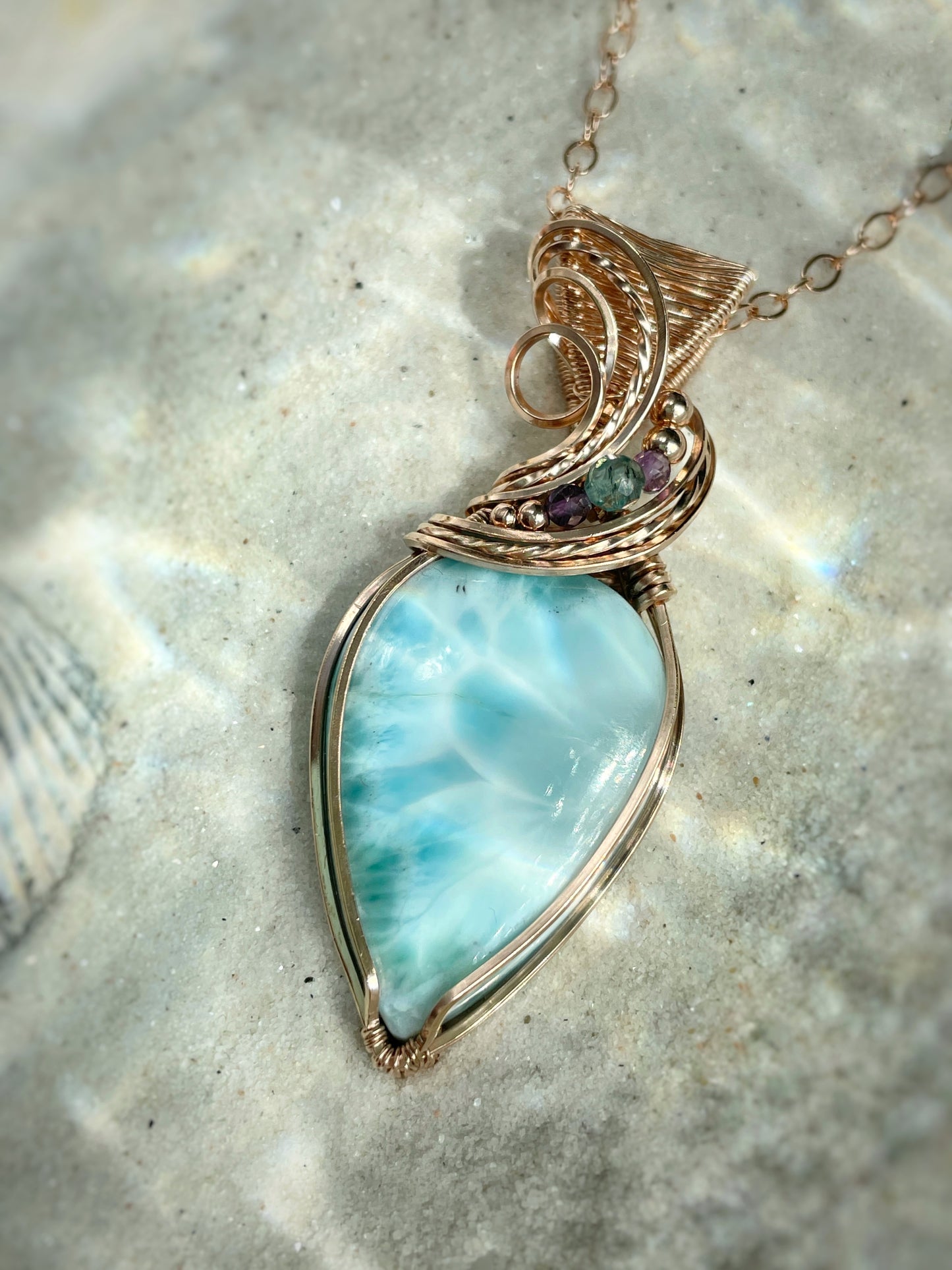 Larimar, Amethyst & Aqua Blue Apatite Necklace in 14k Rose Gold Filled