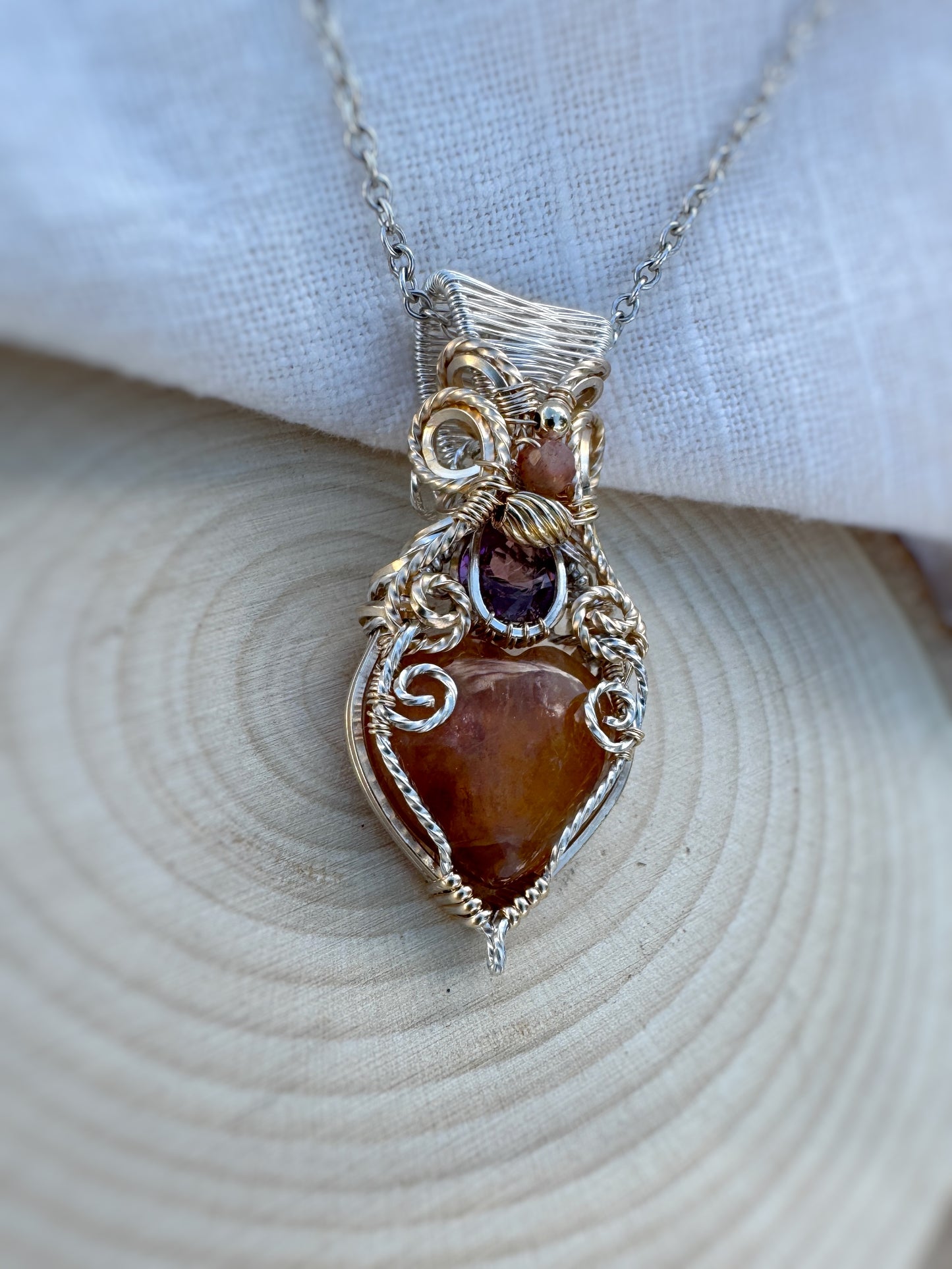 Golden Healer Quartz, Pink Tourmaline & Suntstone-Moonstone Necklace in Mixed Metals (14k Gold Filled & 0.925 Sterling Silver)