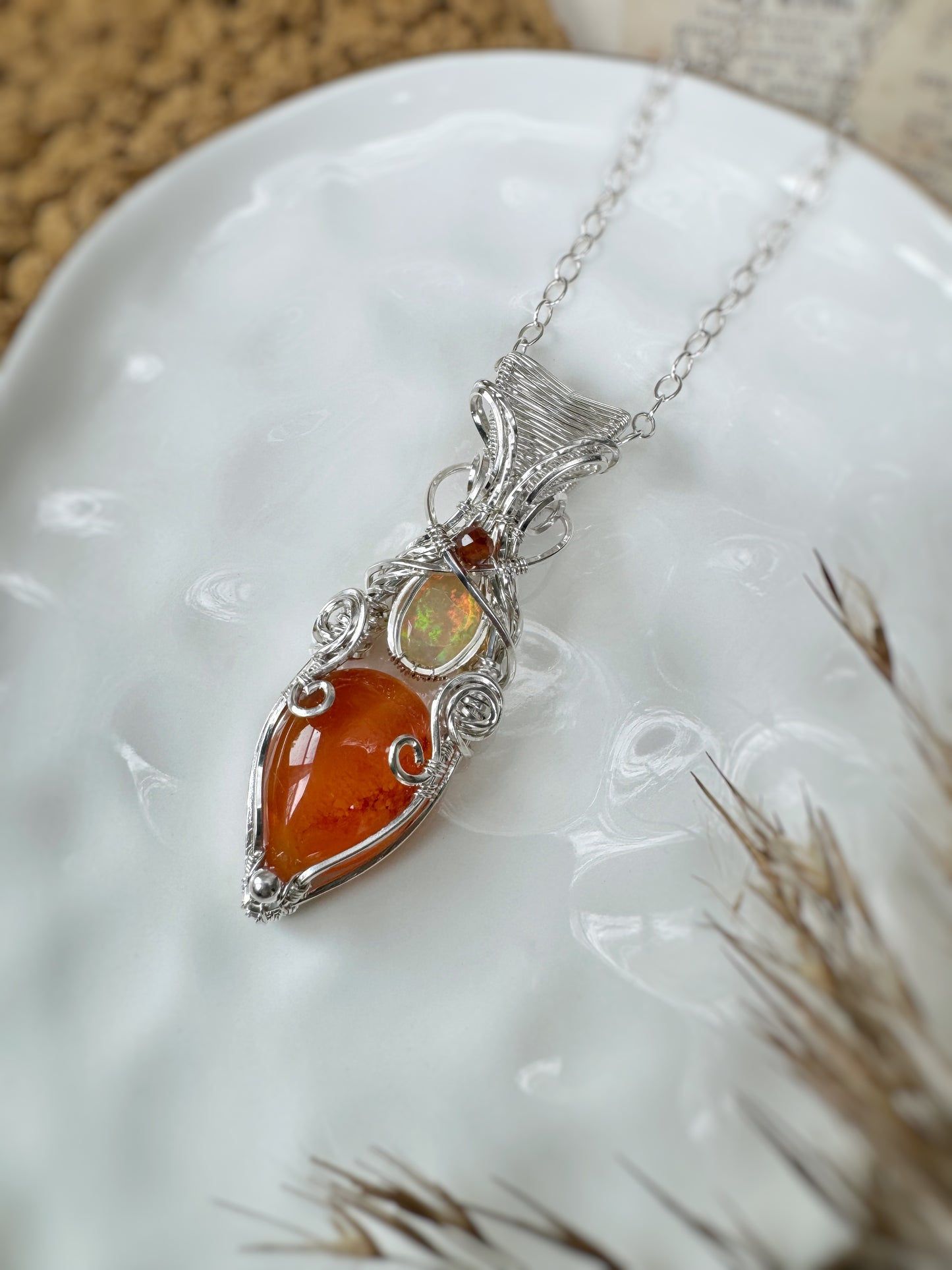 Carnelian, Opal & Hessonite Garnet Necklace in 0.925 Sterling Silver