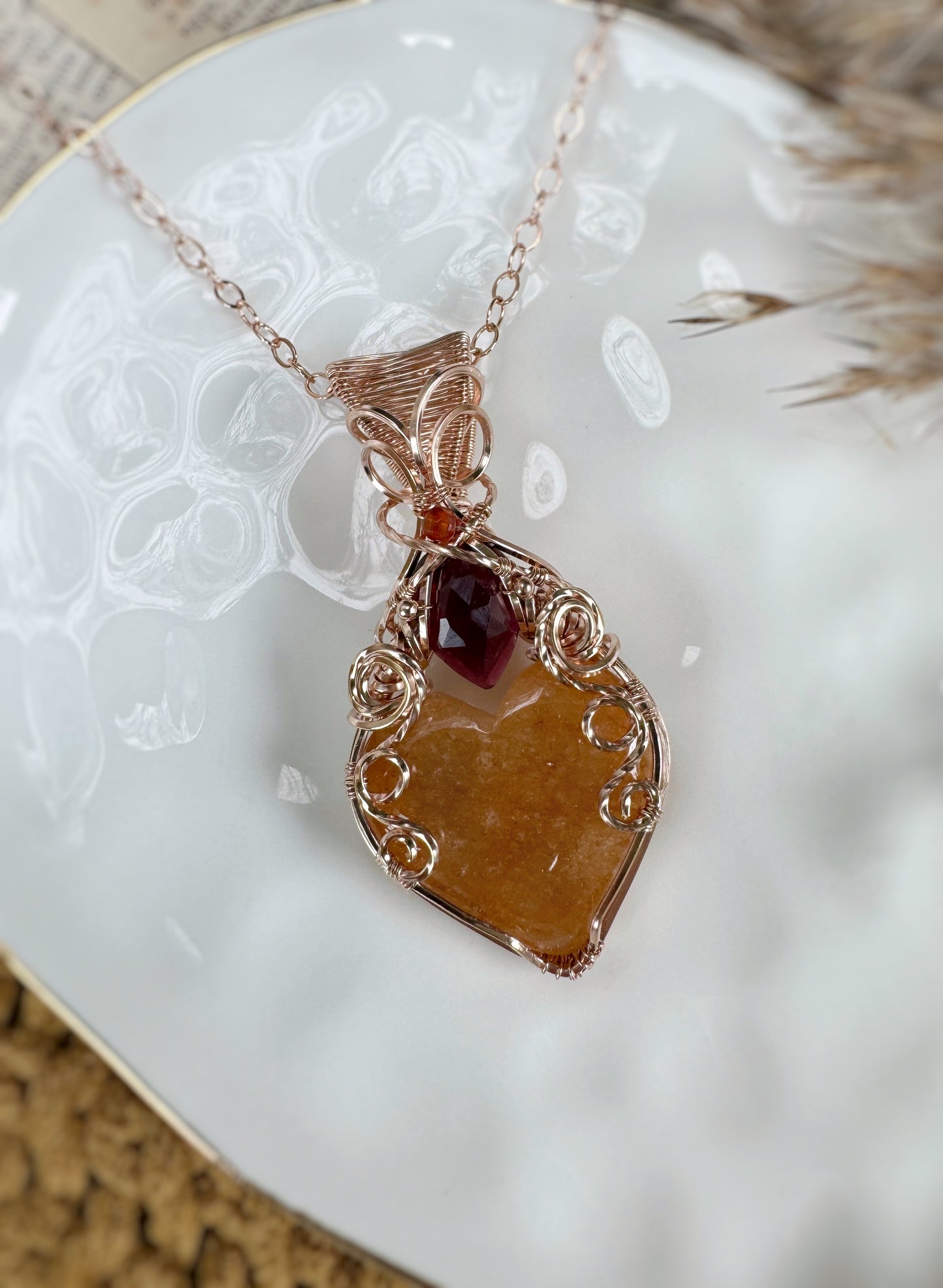 Yellow Aventurine Heart, Garnet & Carnelian Necklace in 14k Rose Gold Filled