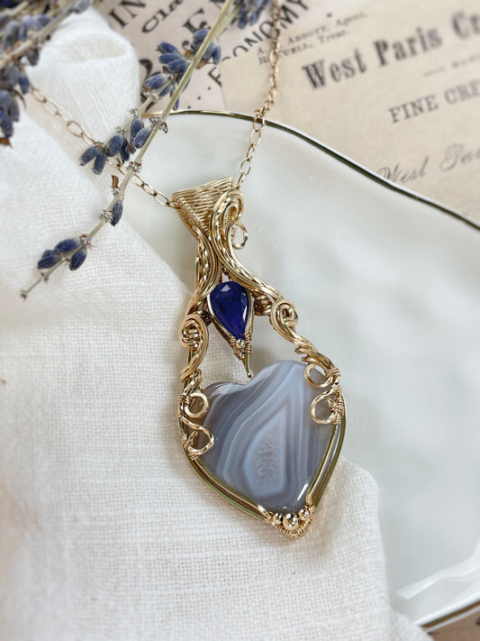 Botswana Agate Heart & Tanzanite Necklace in 14k Gold Filled