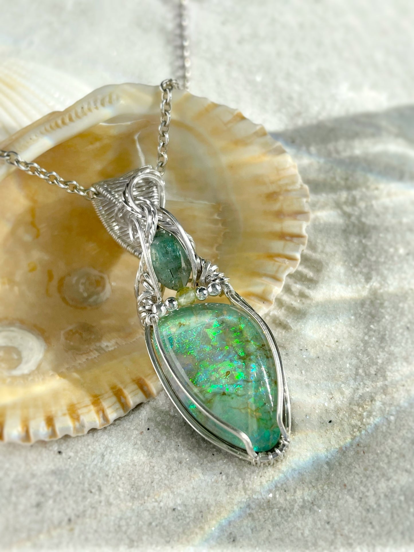 Sterling Monarch Opal ( Lab Created), Green Kyanite & Peridot Necklace in 0.925 Sterling Silver