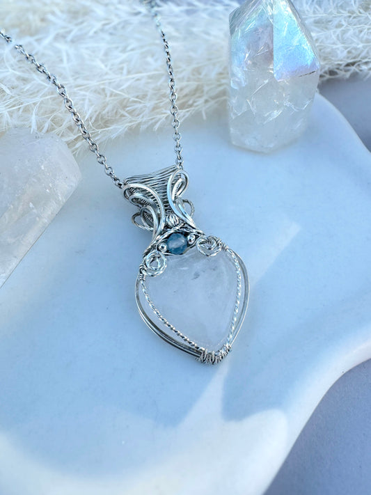 Small Clear Quartz Heart & Aquamarine 0.925 Sterling Silver Necklace