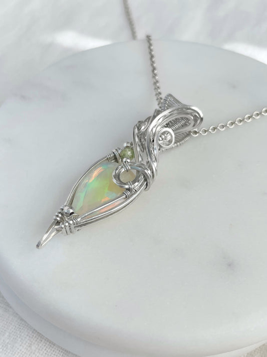 6.1ct Faceted Flashy Ethiopian Opal & Peridot Necklace in Argentium Silver