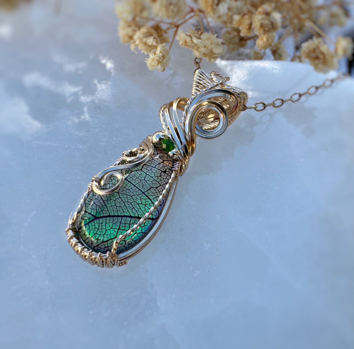 Aurora Opal with Real Vein Skeletons of a Leaf (Glass Top) & Chrome Diopside Necklace in 14k Gold Filled
