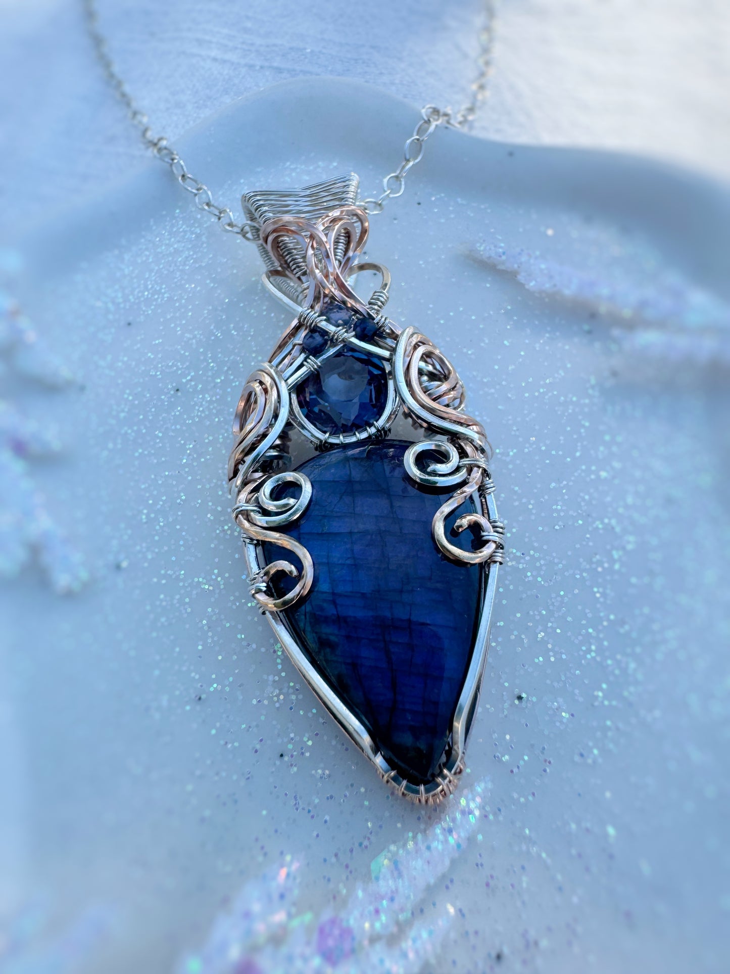 Purple Labradorite, Simulated Alexandrite, Sapphire & Iolite Necklace in 0.925 Sterling Silver & 14k Rose Gold Filled