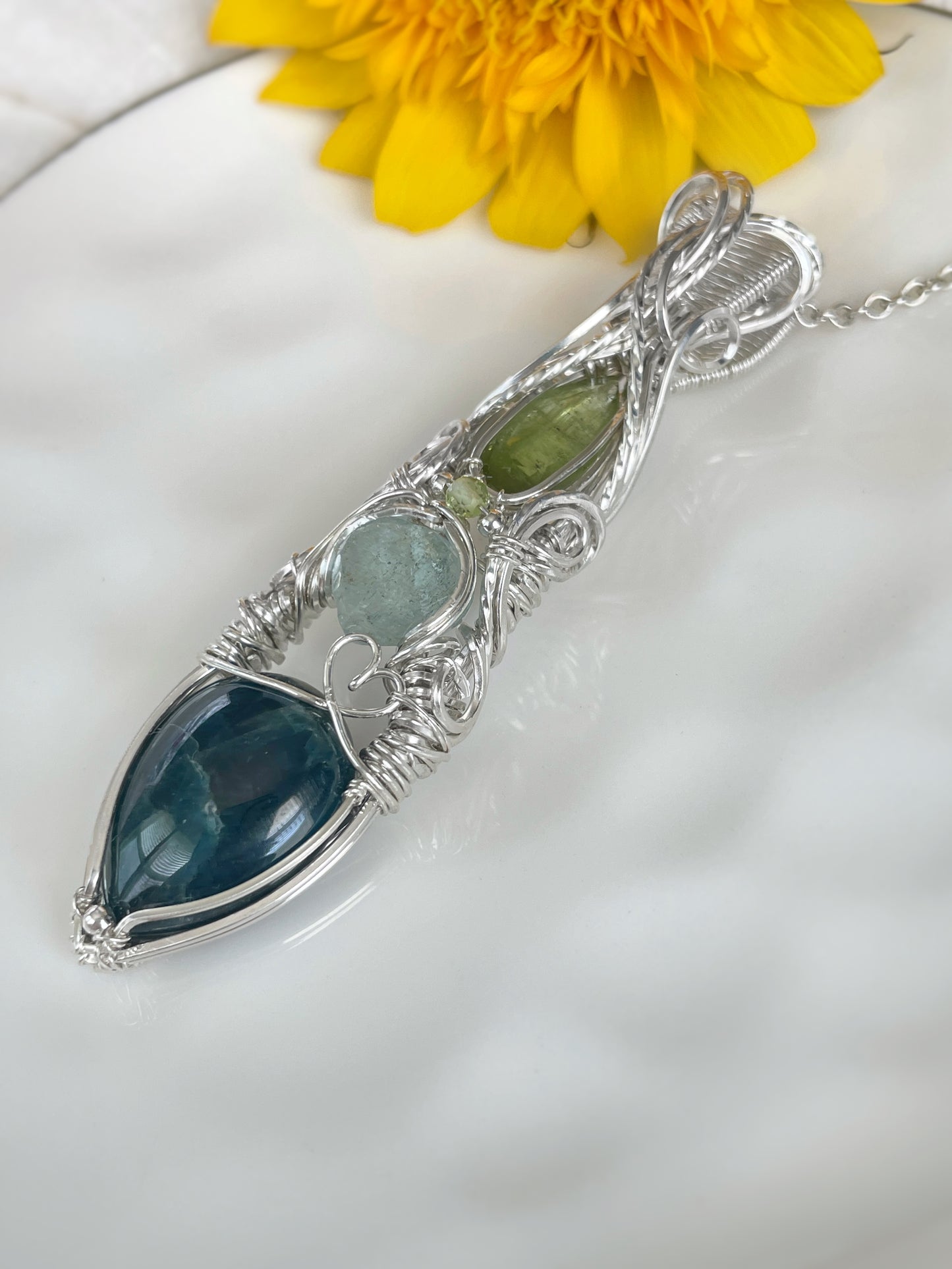 Blue Apatite, Aquamarine, Green Tourmaline & Peridot Necklace in 0.925 Sterling Silver