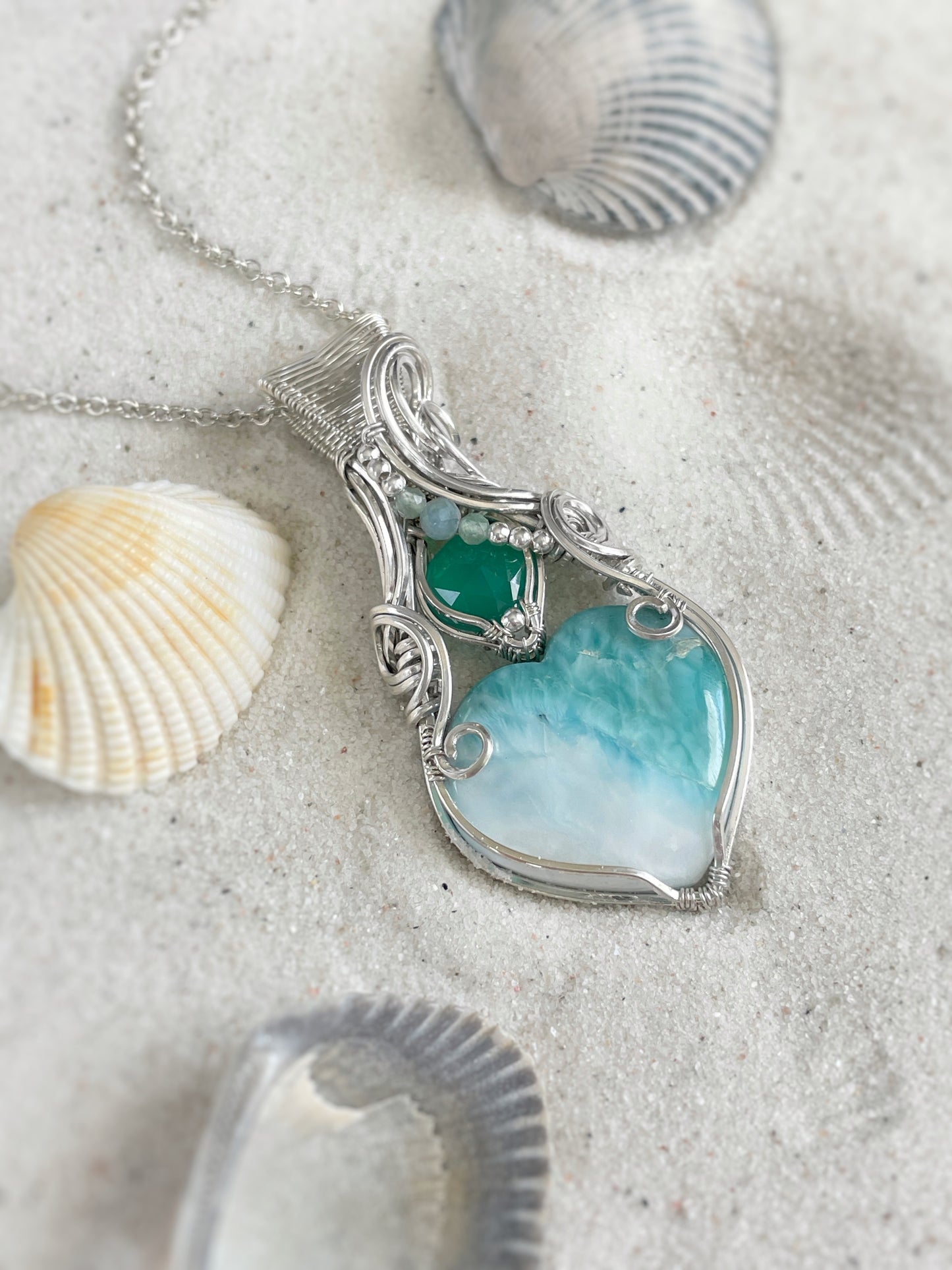 Larimar, Green Onyx, Green Aventurine & Chalcedony Necklace in 0.925 Sterling Silver