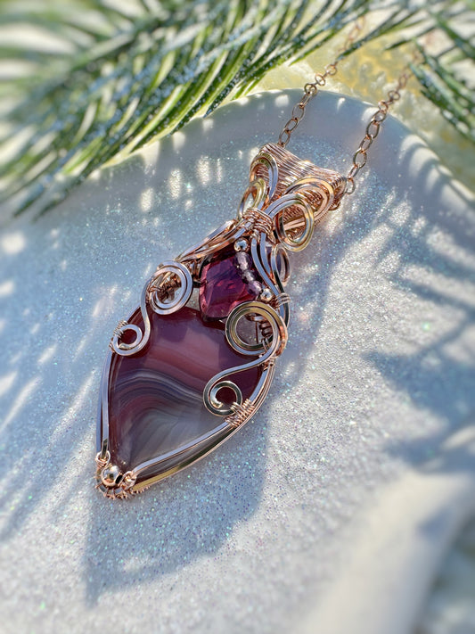 Botswana Agate, Garnet, Amethyst & Fluorite Necklace in 14k Rose Gold Filled