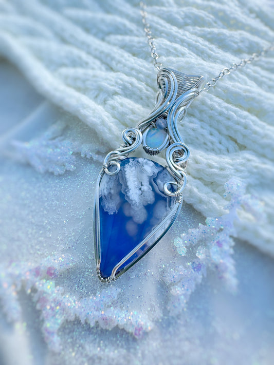 Natural Plume Agate (Doublet), Opal, & Blue Chalcedony Necklace in Argentium Silver