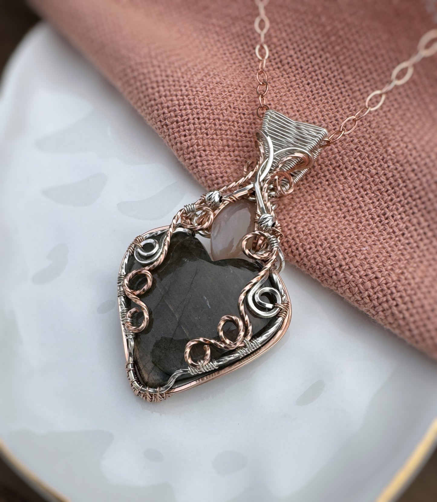 Labradorite Heart & Moonstone Necklace in Mixed Metals (14k Rose Gold Filled & Sterling Silver)