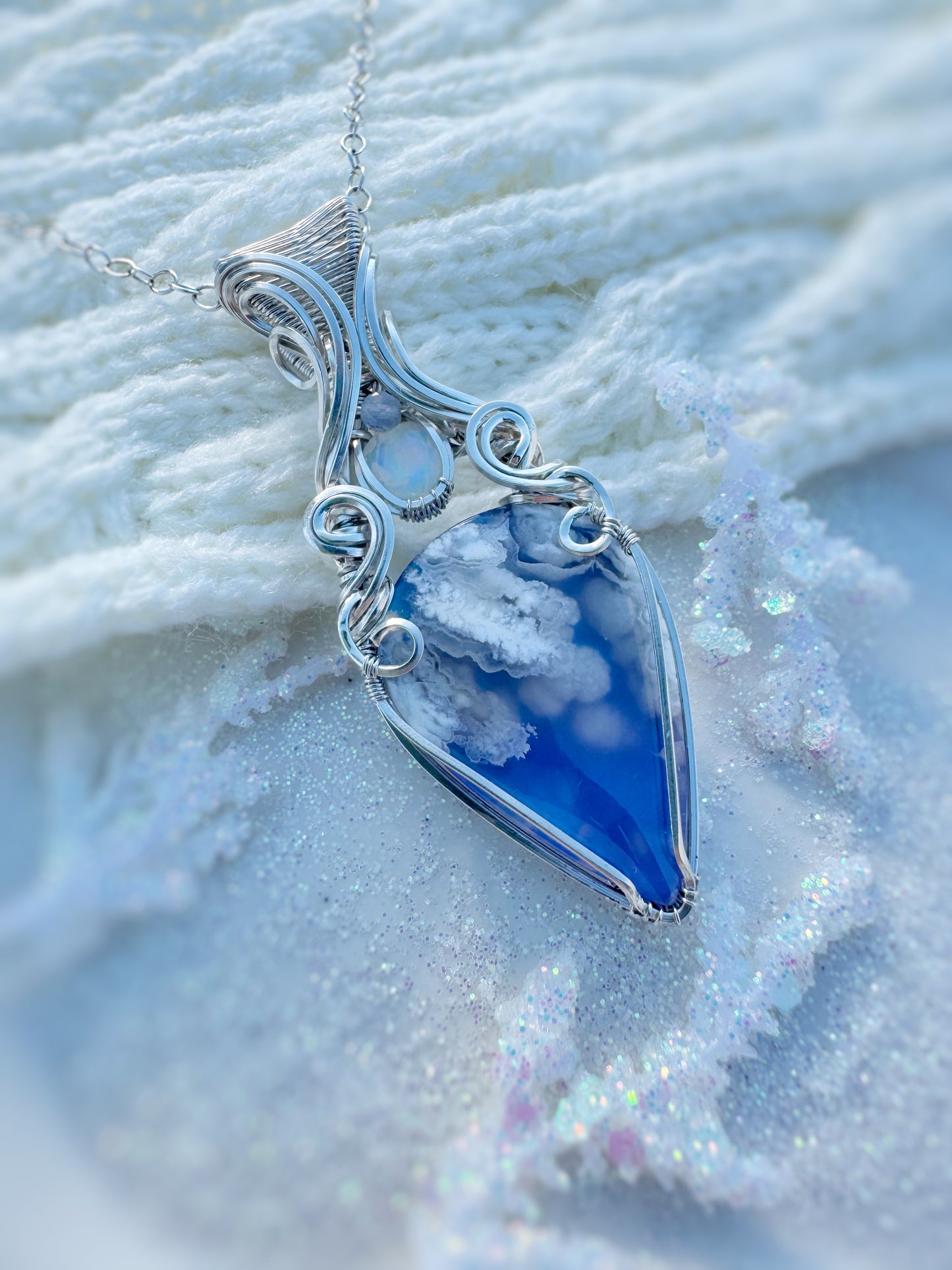 Natural Plume Agate (Doublet), Opal, & Blue Chalcedony Necklace in Argentium Silver