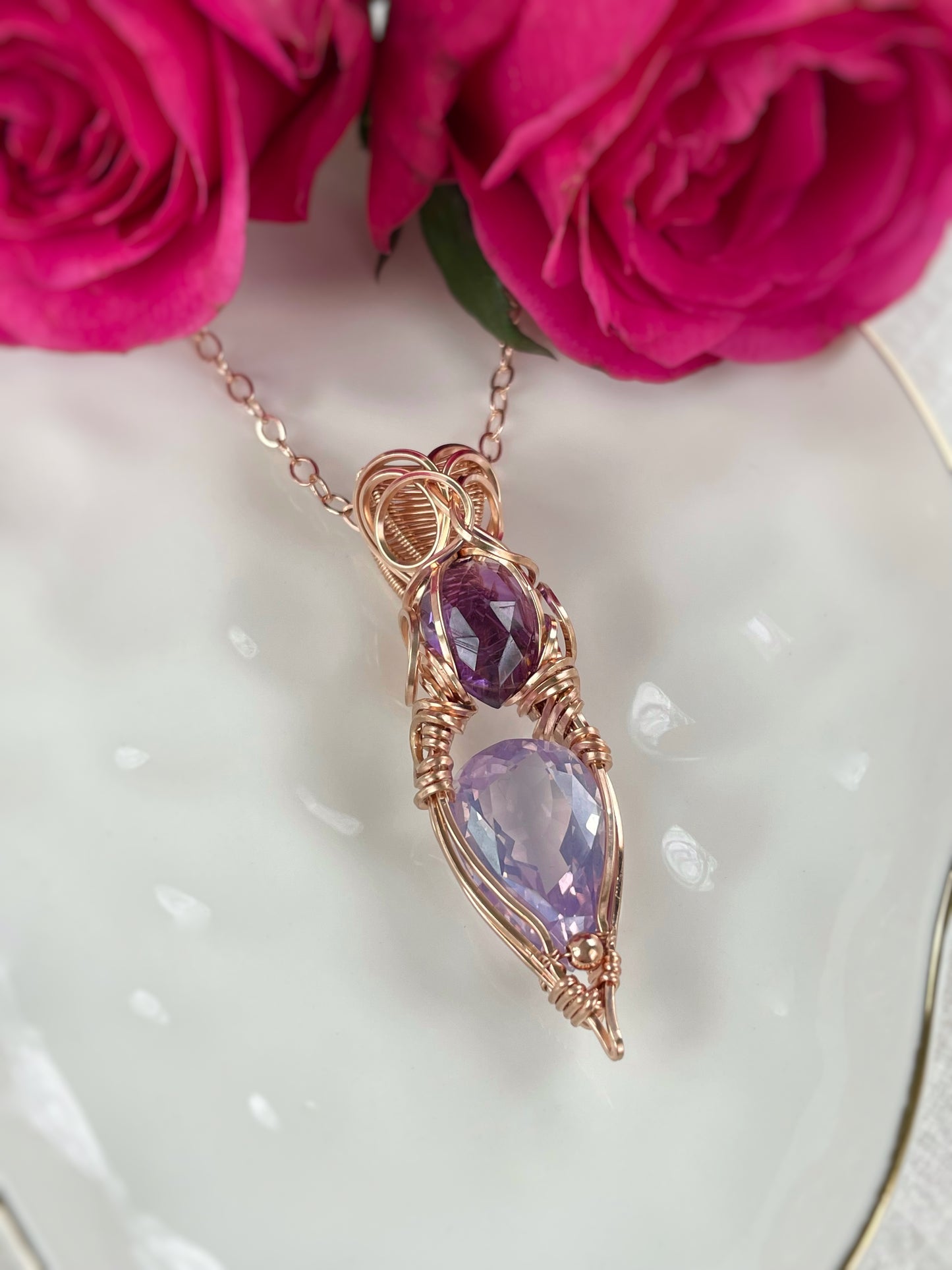 Lavender Quartz & Amethyst Necklace in 14k Rose Gold Filled