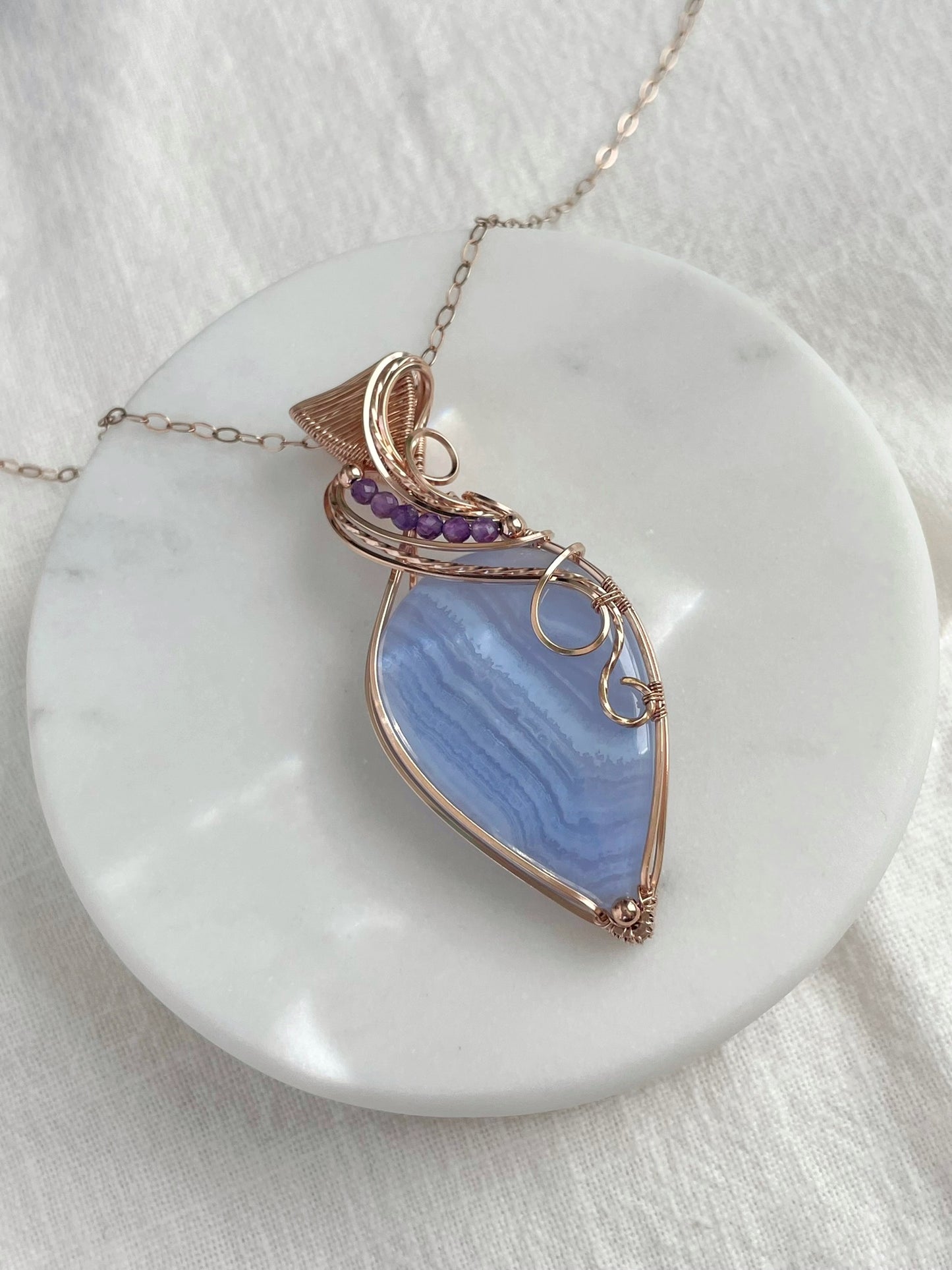 Blue Lace Agate & Amethyst Necklace in 14k Rose Gold Filled