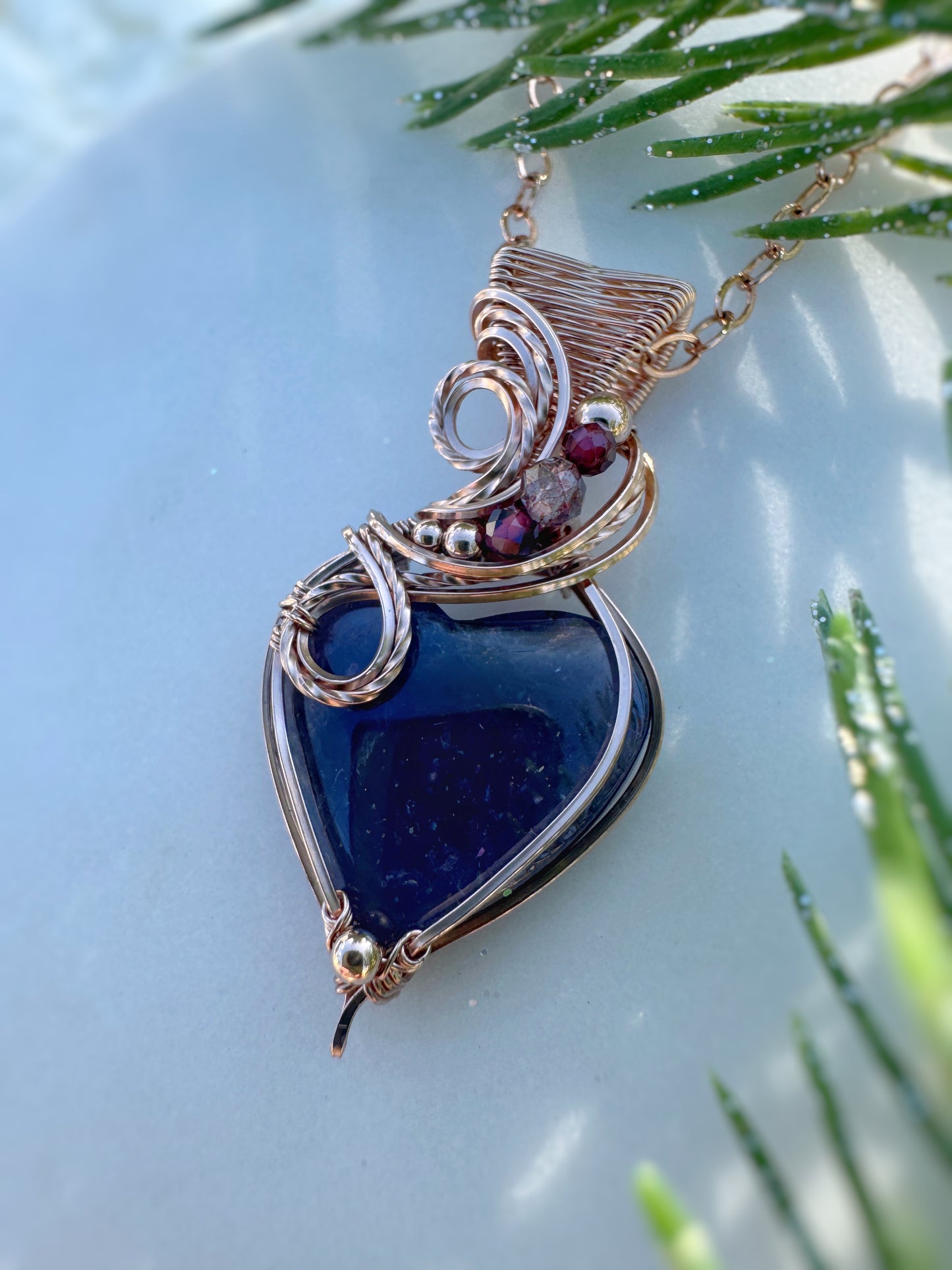 Iolite Heart, Garnet & Iolite Sunstone Necklace in 14k Rose Gold Filled