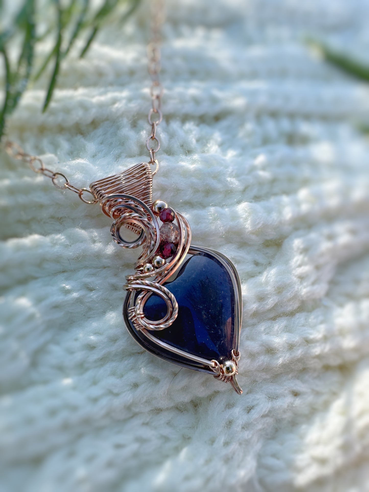 Iolite Heart, Garnet & Iolite Sunstone Necklace in 14k Rose Gold Filled