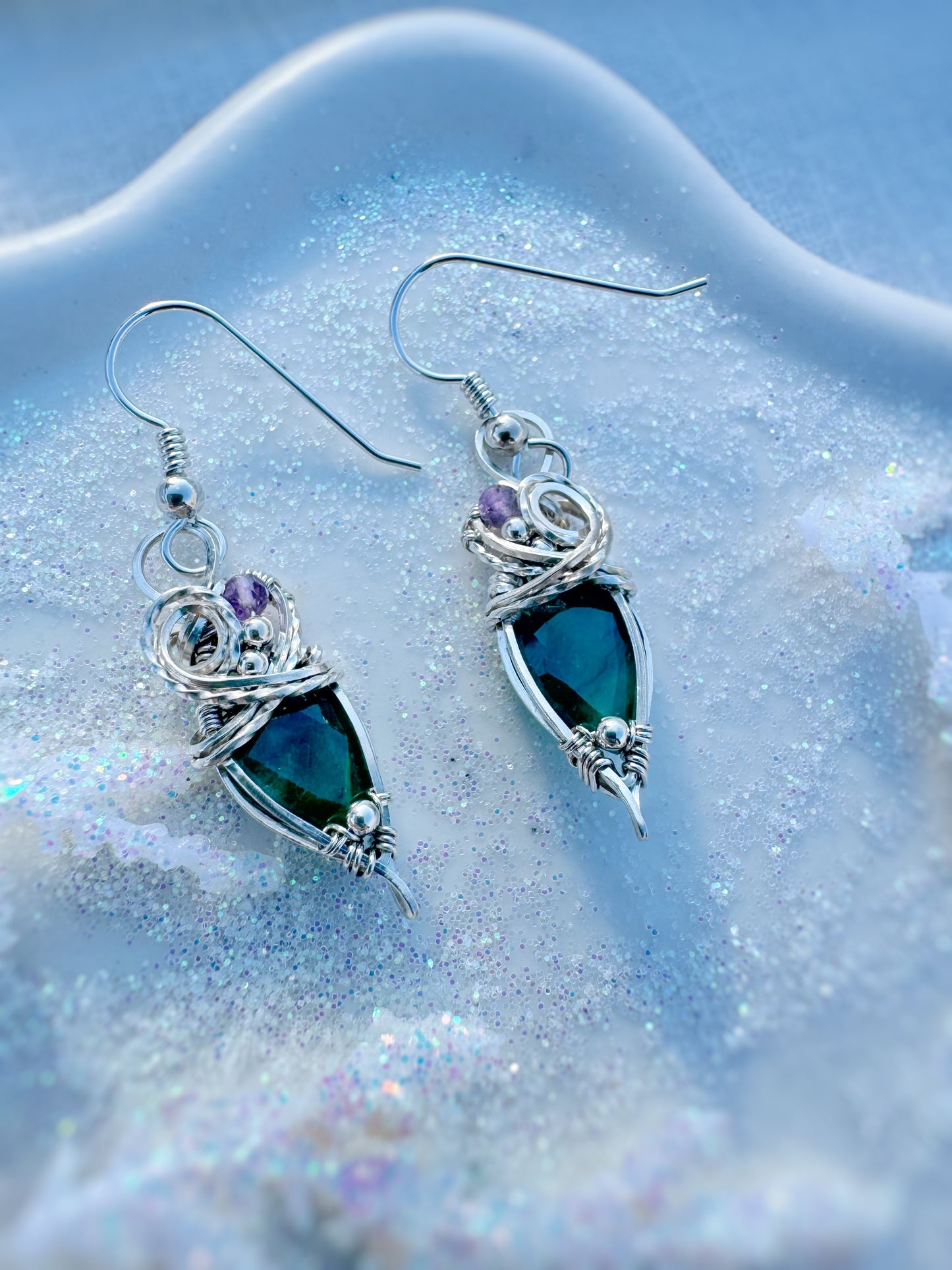 Emerald & Amethyst Earrings in Argentium Silver