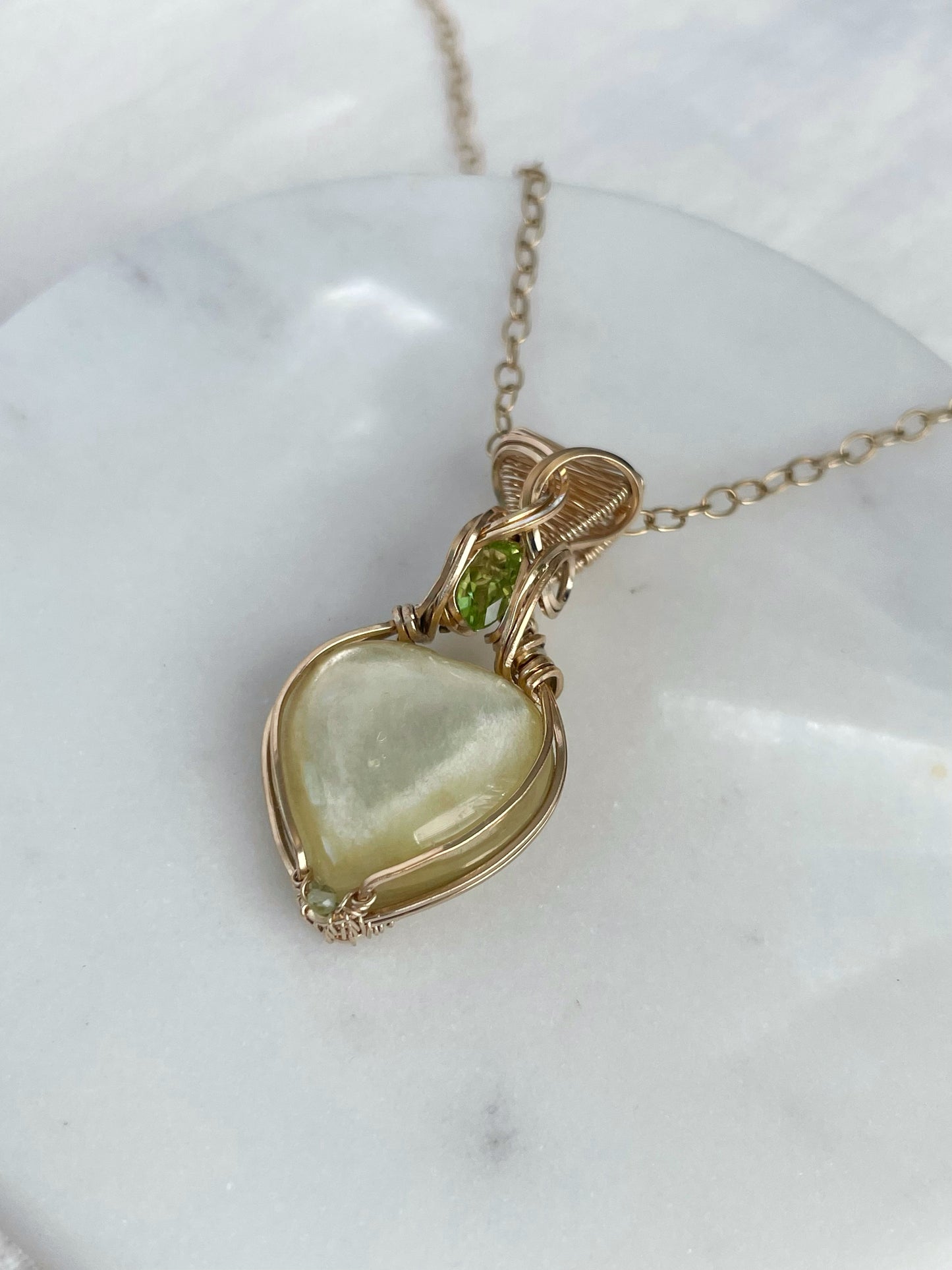 Mini Muscovite Heart & Peridot Necklace in 14k Gold Filled