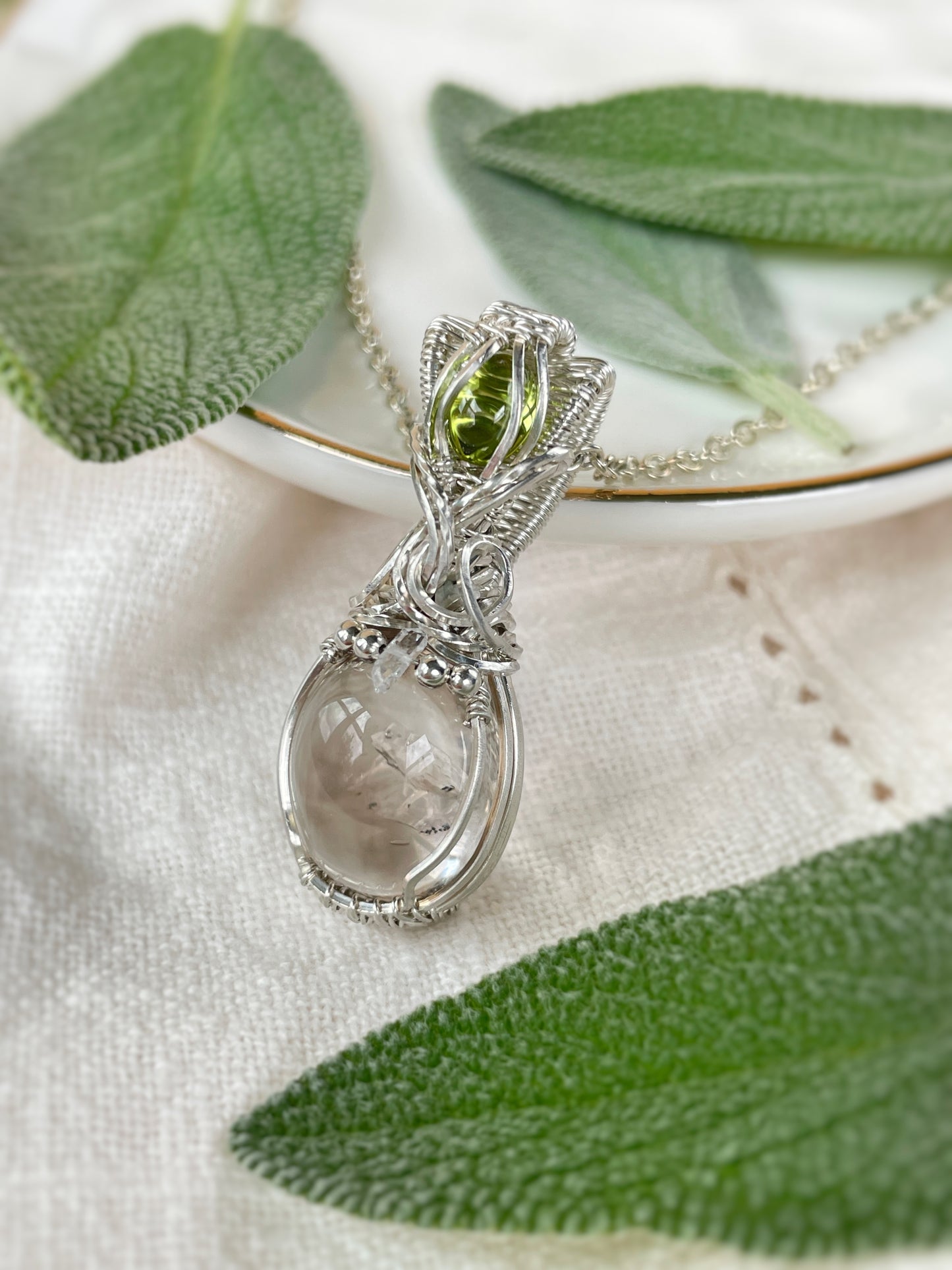 Rare Enhydro Quartz, Peridot & Herkimer Diamond Necklace in Argentium Silver