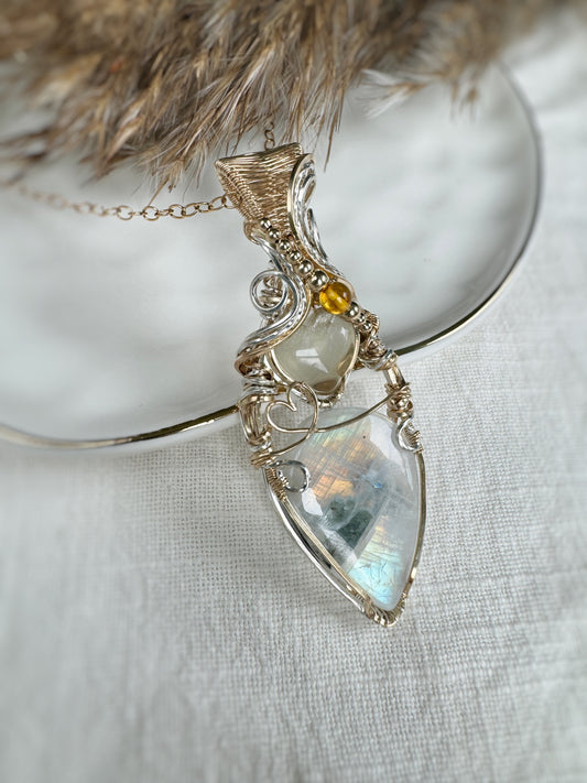 Rainbow Moonstone, Citrine Heart & Amber Necklace in 14k Gold Filled & 0.925 Sterling Silver