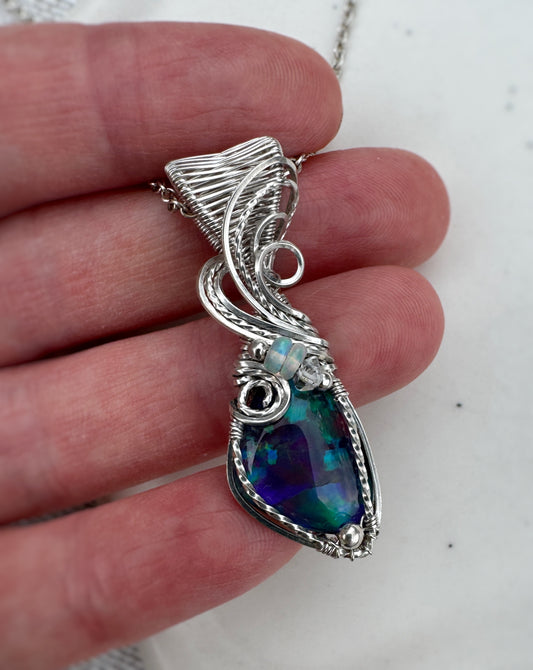 5.13 Ct Australian Opal Triplet, Ethiopian Opal & Herkimer Diamond Necklace in Argentium Silver