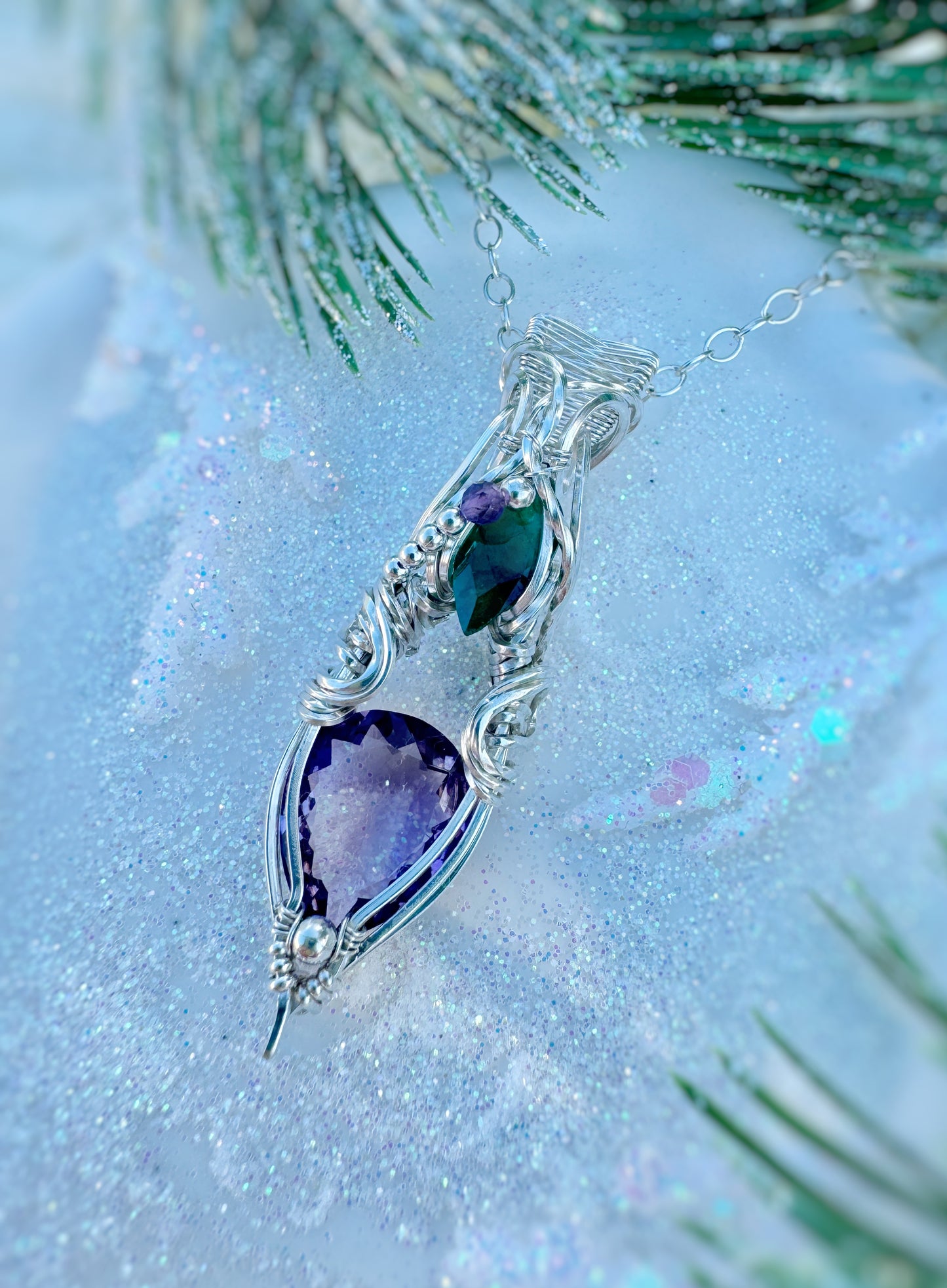 Amethyst & Emerald Necklace in Argentium Silver