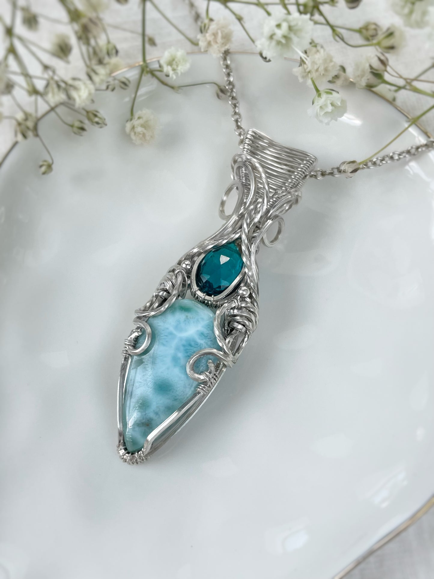 Larimar & Dyed Blue Quartz Necklace in Argentium Silver