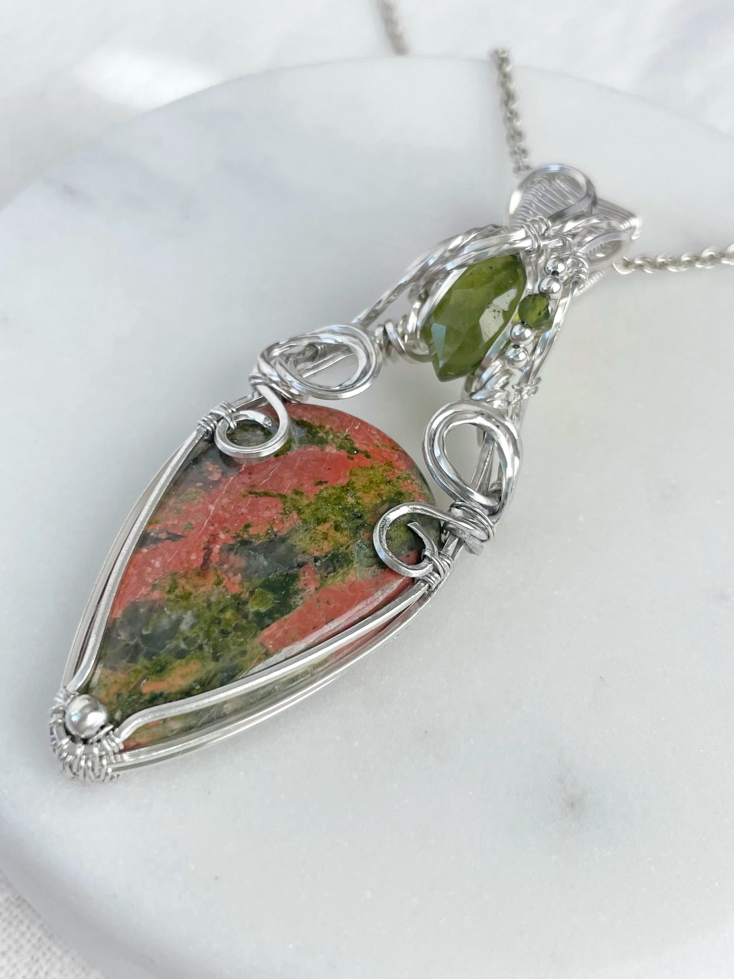 Unakite Jasper, Vesuvianite & Green Tourmaline Necklace in Argentium Silver