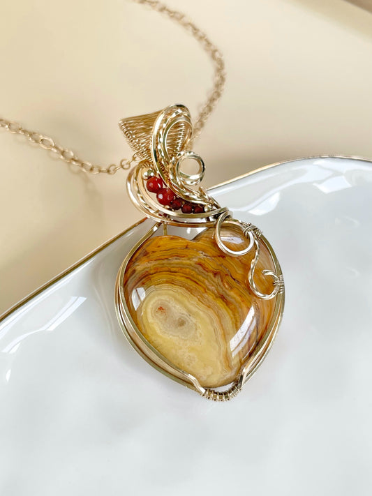 Crazy Lace Agate Heart & Carnelian Necklace in 14k Gold Filled