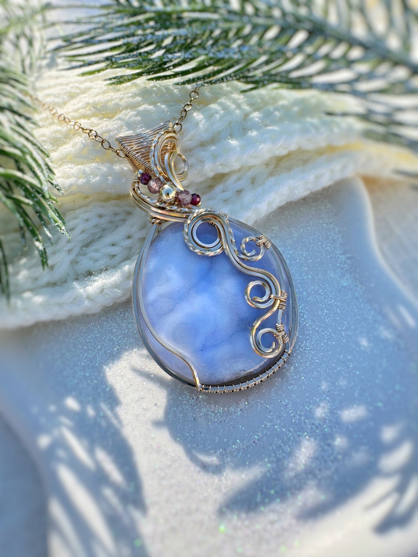 Blue Chalcedony, Garnet & Iolite Sunstone Necklace in 14k Gold Filled