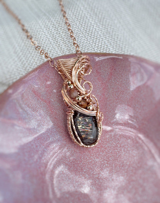 7.8 CT Meteor Shower Lattice Sunstone & Moonstone/Sunstone Necklace in 14k Rose Gold Filled