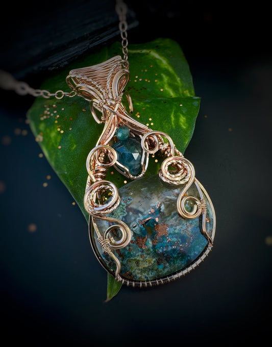 Chrysocolla with Native Copper, Moss Teal Kyanite & Aqua Apatite Necklace in 14k Rose Gold Filled
