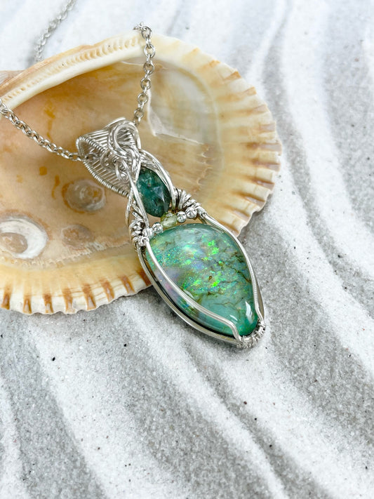 Sterling Monarch Opal ( Lab Created), Green Kyanite & Peridot Necklace in 0.925 Sterling Silver