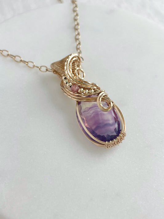 Purple Fluorite & Pink Tourmaline Necklace in 14k Gold Filled