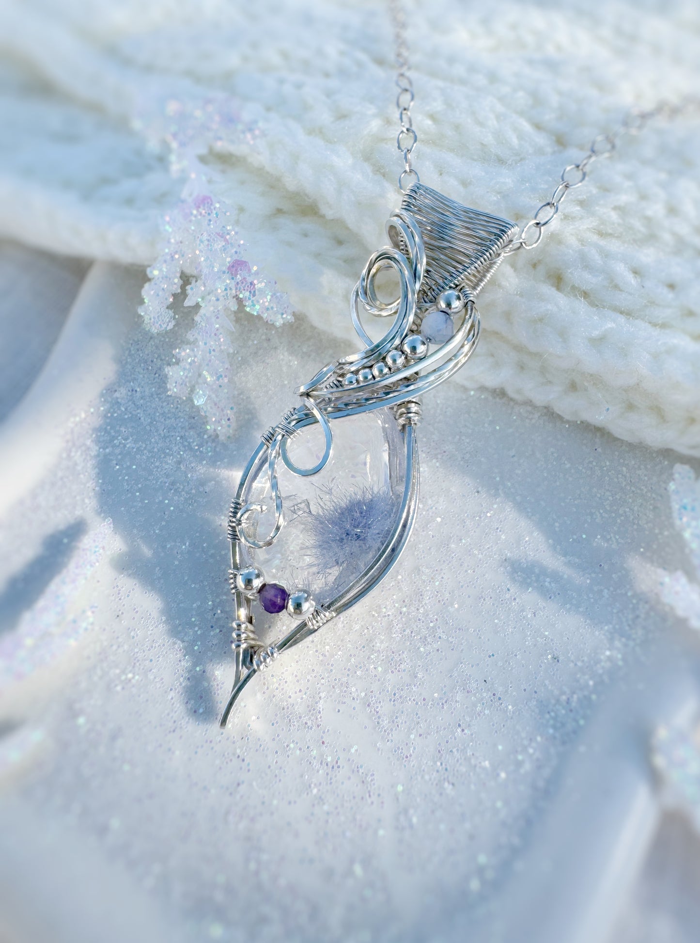 Rare Dumortierite in Clear Quartz, Blue Chalcedony & Amethyst Necklace in 0.925 Sterling Silver