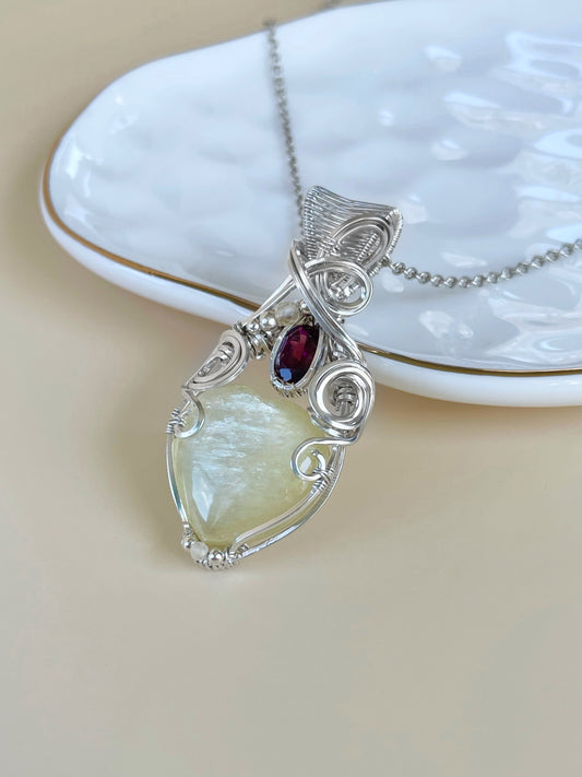 Mini Muscovite Heart, Rhodolite Garnet & Citrine Necklace in Argentium Silver