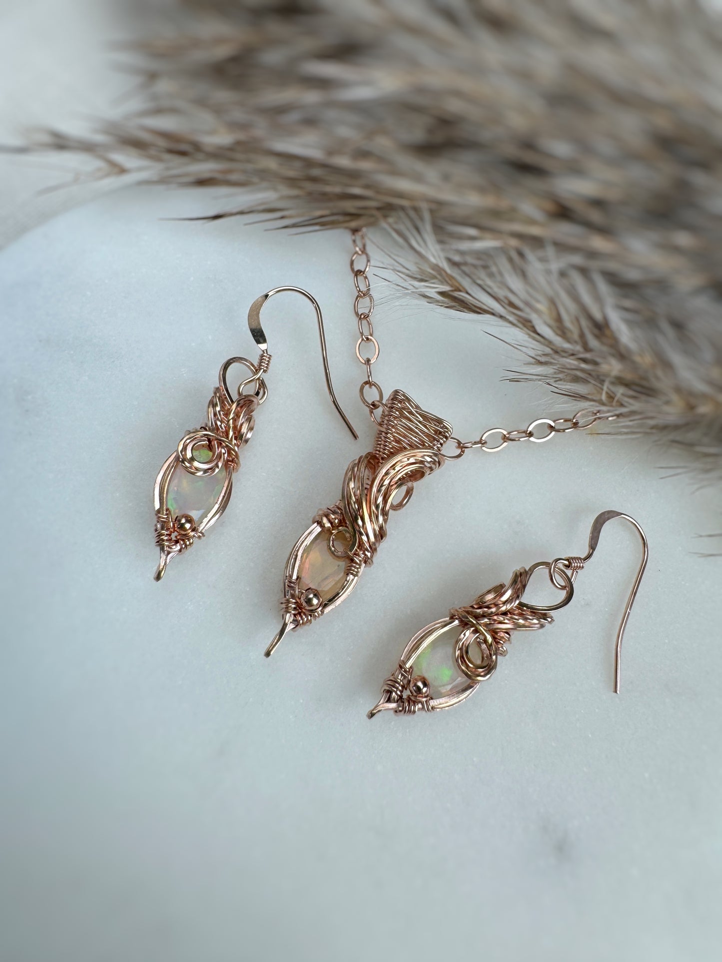 Dainty Faceted Opal Set (Necklace + Earrings) in 14k Rose Gold Filled