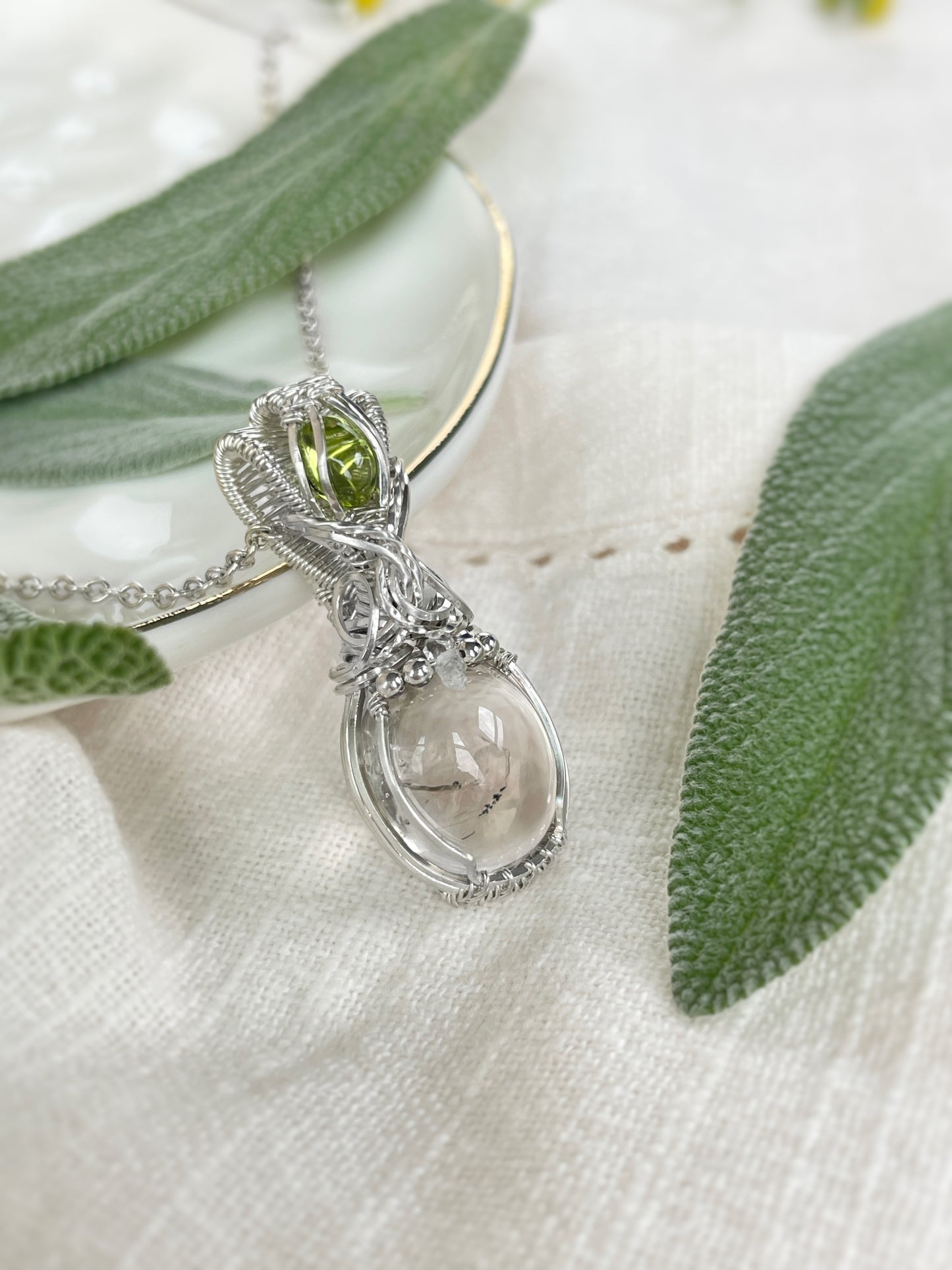 Rare Enhydro Quartz, Peridot & Herkimer Diamond Necklace in Argentium Silver