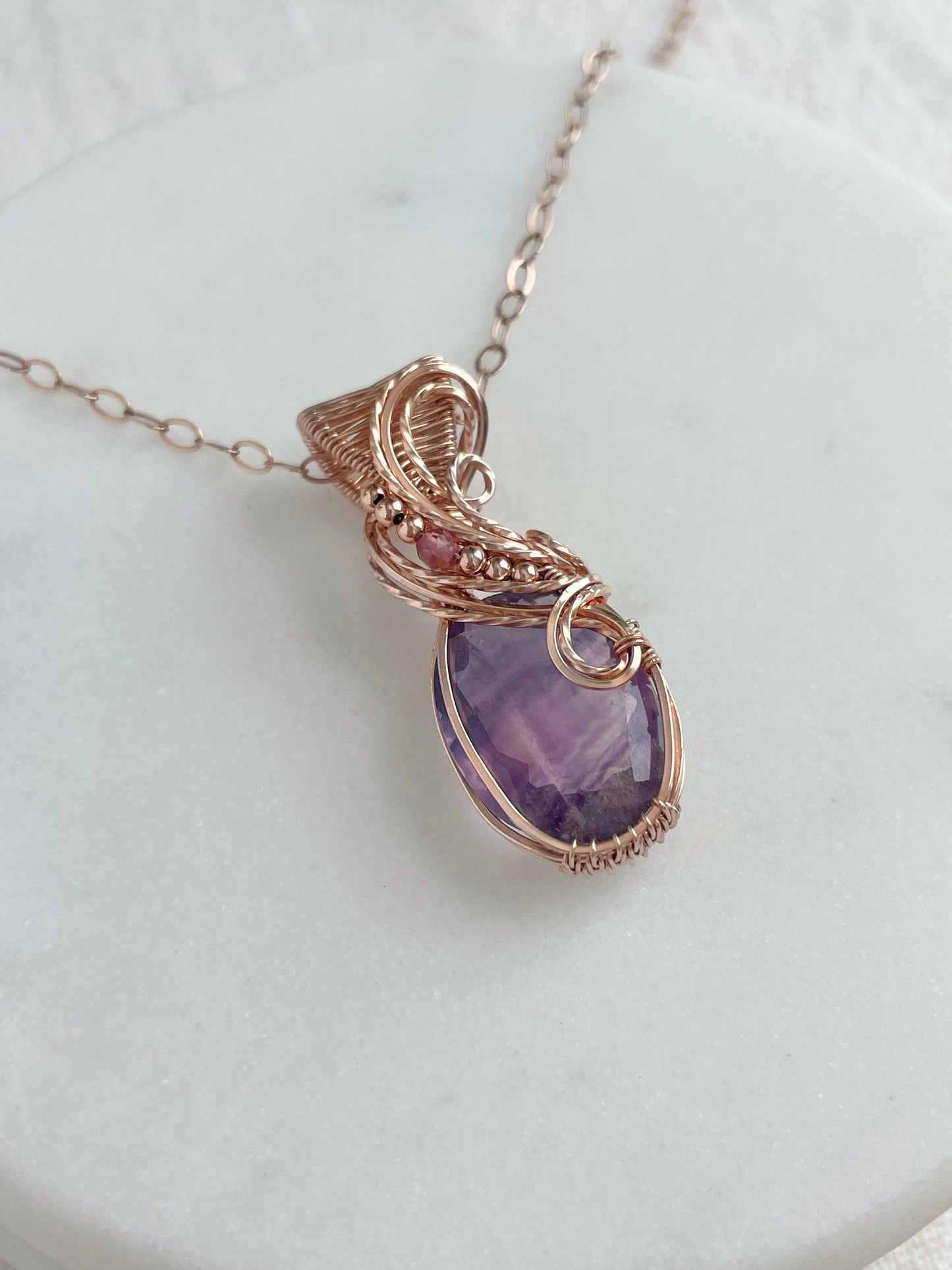 Purple Fluorite & Pink Tourmaline Necklace in 14k Rose Gold Filled