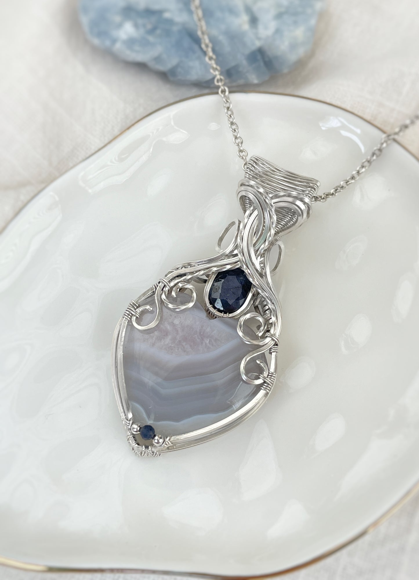 Botswana Agate Heart & Blue Sapphire Necklace in Argentium Silver