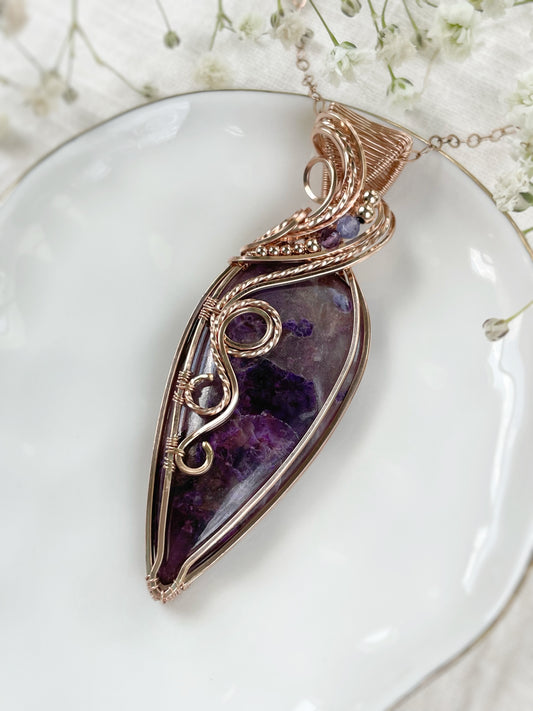 Sugilite, Amethyst & Tanzanite Statement Necklace in 14k Rose Gold Filled